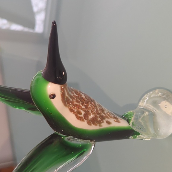 Vintage Hummingbird Art Glass Sculpture - Murano Style Green Gold Figurine - Picture 3 of 8